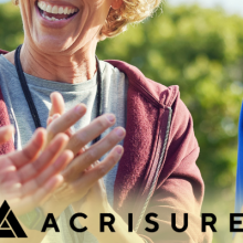 closeup photo of athletic coach's smile and team members' hands clapping; Acrisure logo at center bottom