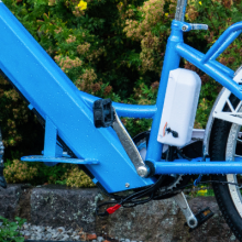 photo closeup of an e-bike's down tube, where its motor and battery are located