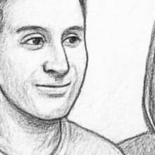 sketch of five people at a table talking