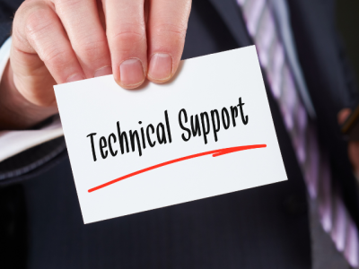 hand holding card that reads "technical support"