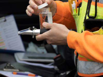 person conducting wastewater sampling with a portable device