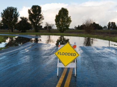 water across road with "FLOODED" sign in front