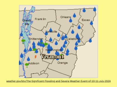 Detail of National Weather Service map of northern Vermont counties that receied damaging floods on July 10-11, 2024