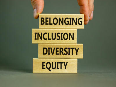 stack of four wooden blocks with the words Belonging Inclusion Diversity Equity