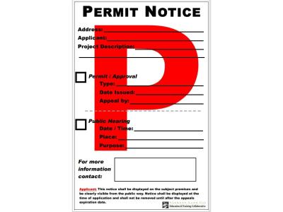 permit notice poster with big red "P" and permit information