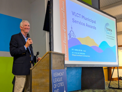 Bill Fraser, Montpelier City Manager and VLCT President, ready to present the 2024 VLCT awards