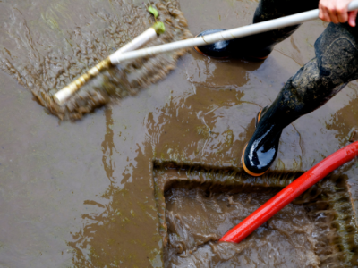 volunteer using squeegee to move dirty floodwaters to drain