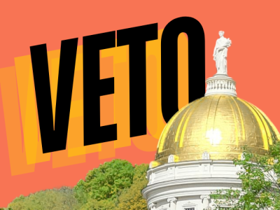 Vermont State House with the word VETO behind it