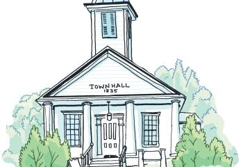 Hand-drawn illustration of the Town Hall in a small Vermont town