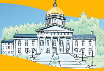 Drawing of VT Statehouse with yellow swooshes