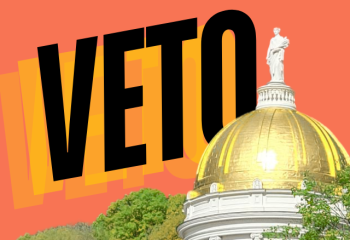 Vermont State House with the word VETO behind it