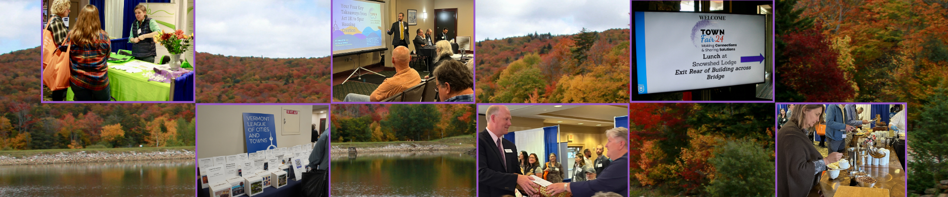 six photos from Town Fair 2024 superimposed over photo of mountain and lake behind the Killington Grand Hotel