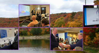 six photos from Town Fair 2024 superimposed over photo of mountain and lake behind the Killington Grand Hotel