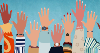 raise hands in a variety of skin colors and shirt sleeve styles 